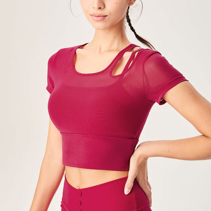 カップ付き透け感メッシュトップ_ピンク