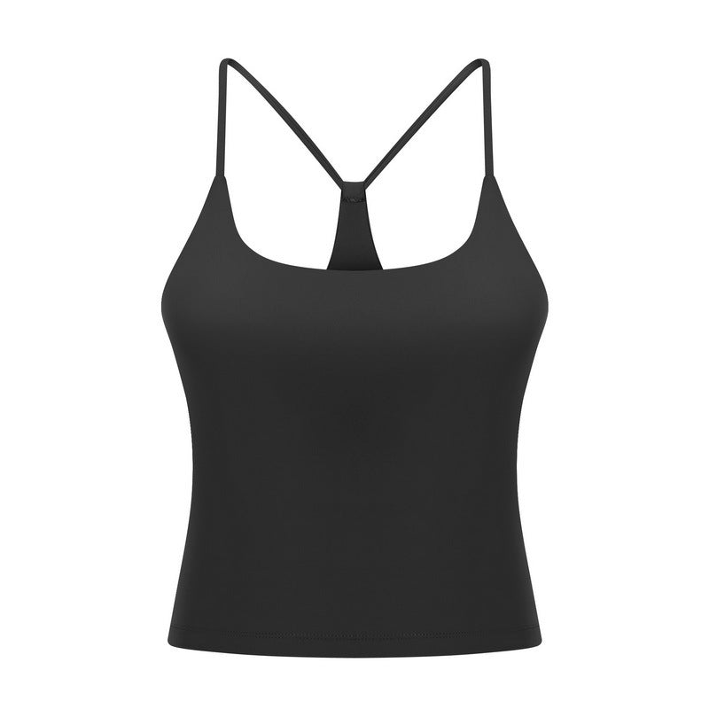 カップ付きスリムストラップキャミソールトップス_ブラック