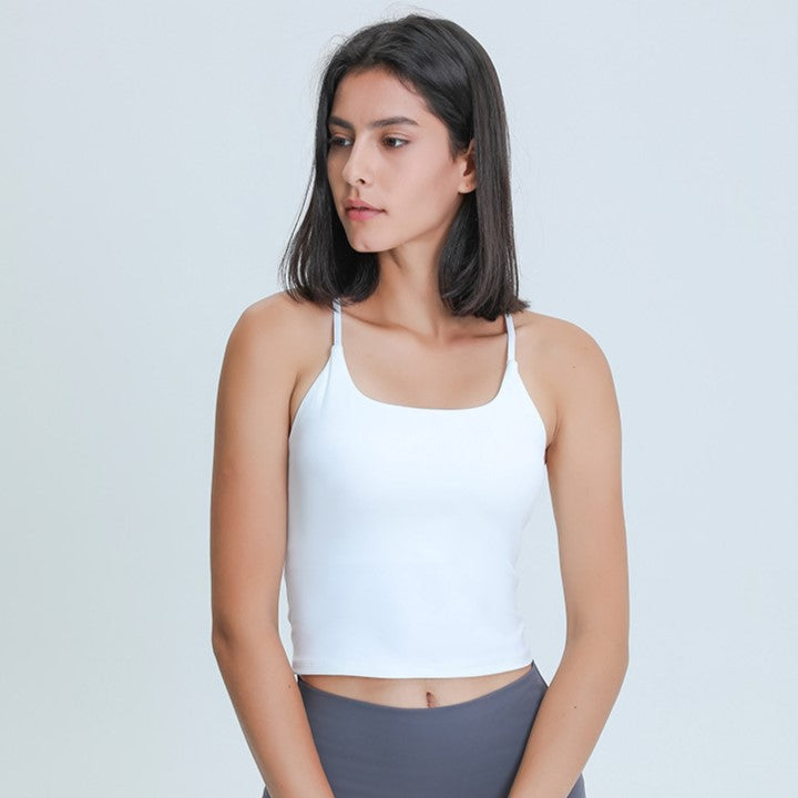 カップ付きスリムストラップキャミソールｔトップス_ホワイト